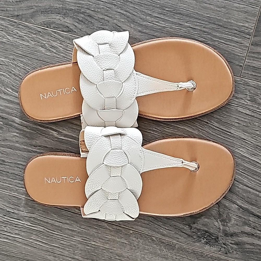 White and tan thong sandals